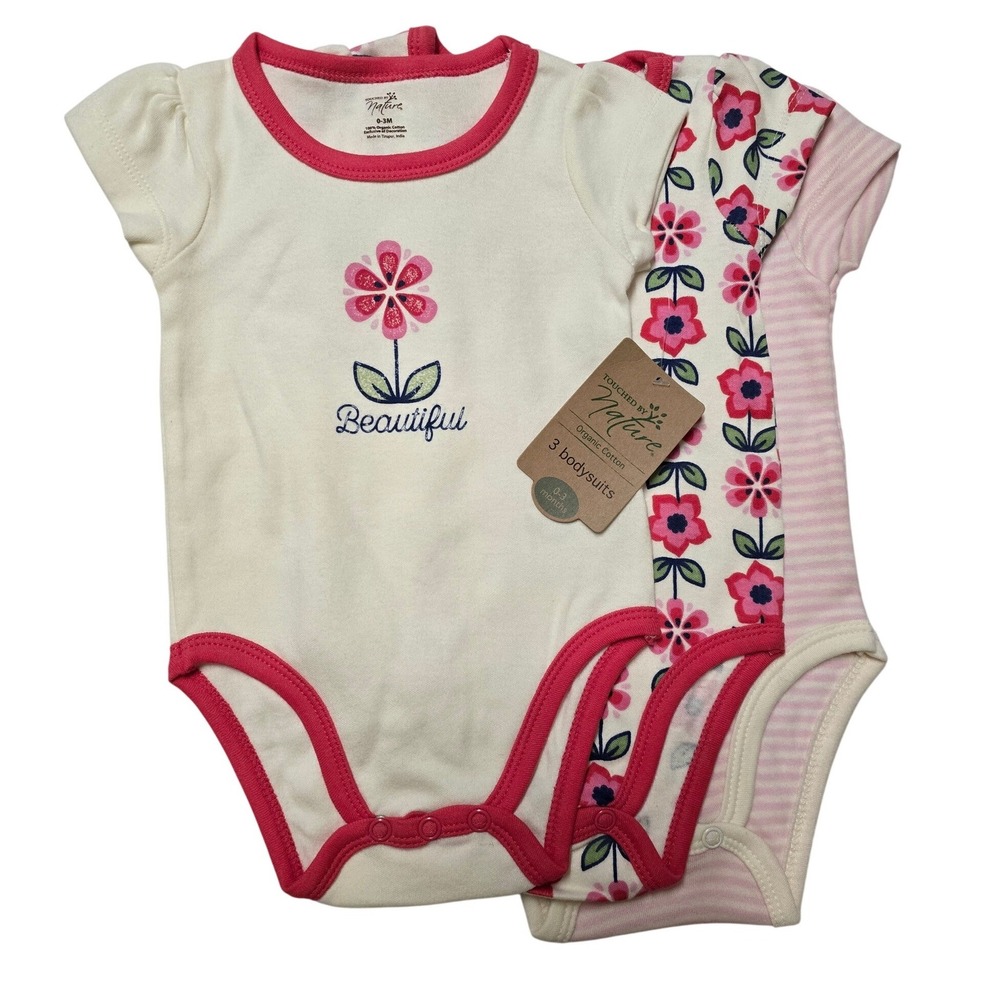Touched by Nature Baby Girl 3-Pack 100% Organic Cotton Bodysuits Floral 0-3M NWT